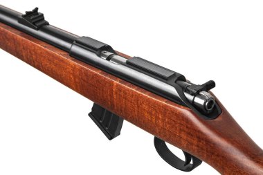Klasik cıvata Carbine. 22LR ile bir ahşap popo izole beyaz
