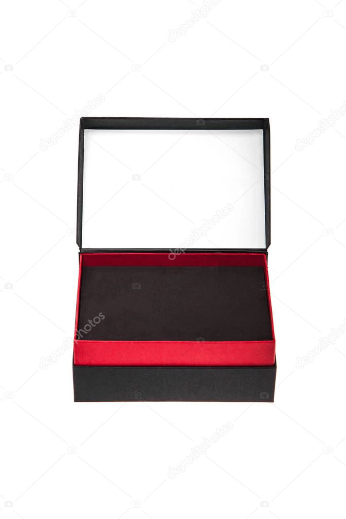A small open black paper box with a red stripe for a gift. Gift 