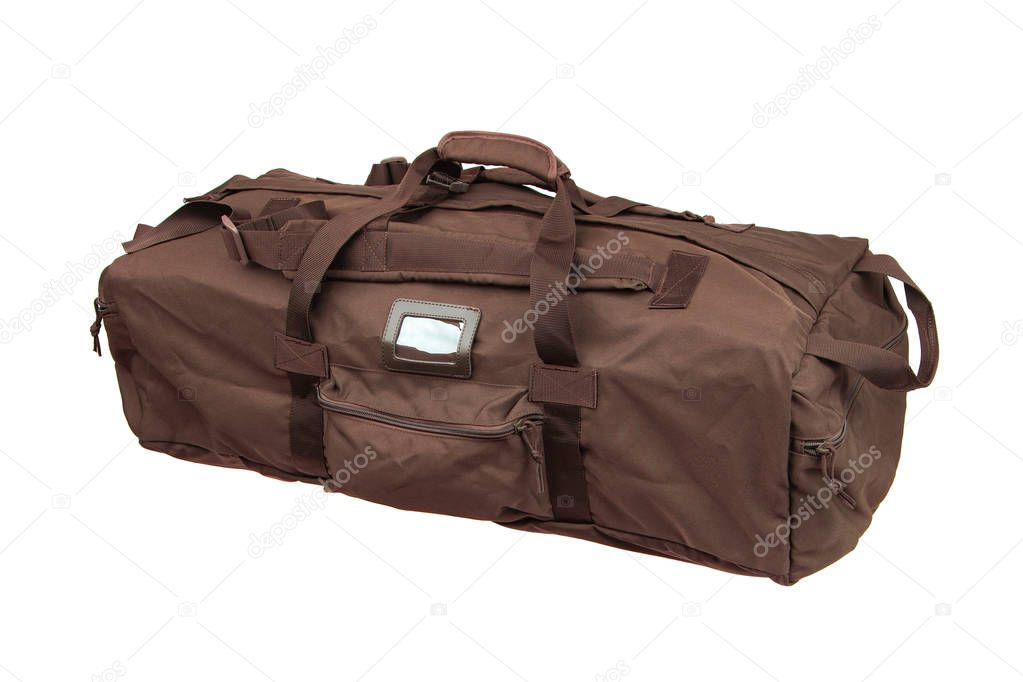 Brown sport bag isolated on white background. Travel bag. Milita