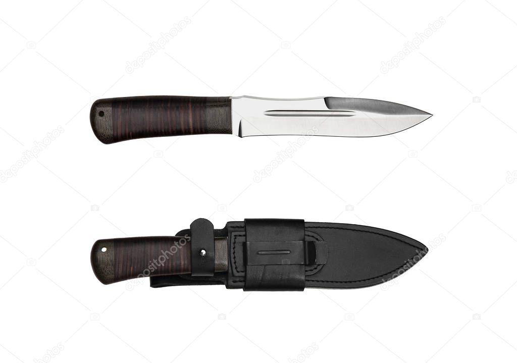Hunting knife with wooden handle and leather case isolated on wh