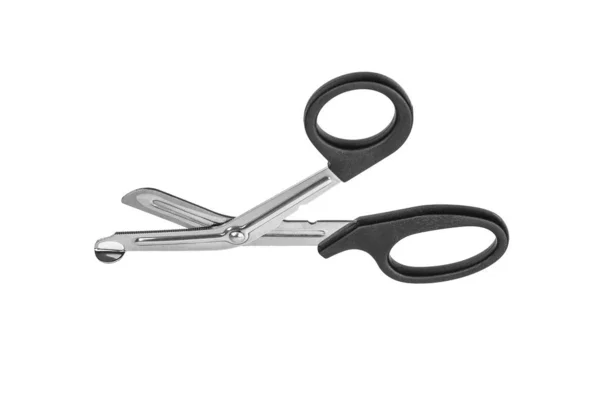 Medical scissors with black plastic handles isolate on a white b