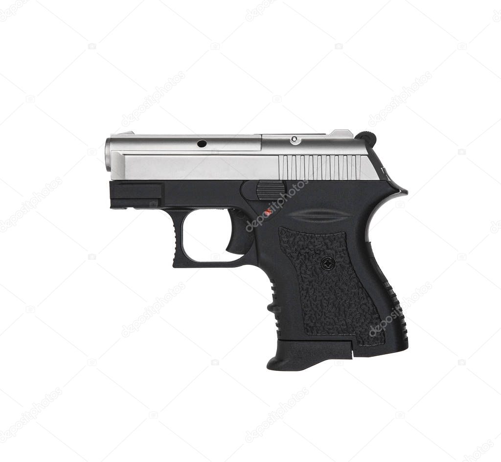 Black-silver modern gun pistol isolate on a white background. A 