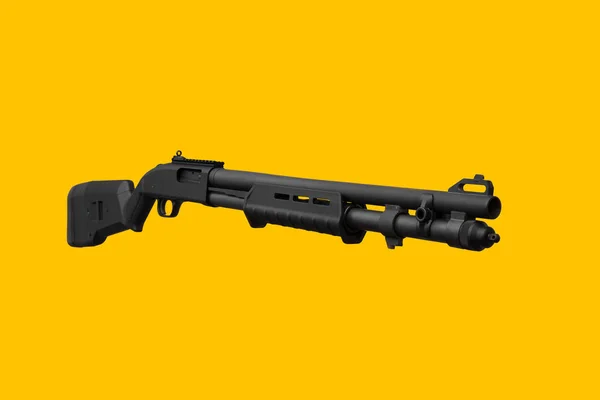 노란색 배경에 현대 검은 산탄총입니다. 폴을 위한 무기 — 스톡 사진