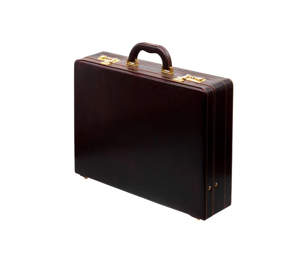 Valigia in pelle marrone con lucchetto a combinazione e serrature in oro isol — Foto Stock