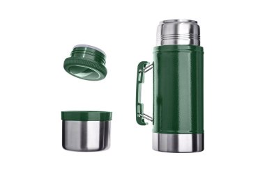 Metal termos kapat, beyaz bir arka plan üzerinde izole. Termos b