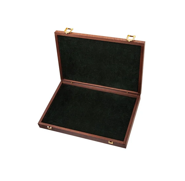 Открытый деревянный ящик с позолоченными замками. Роскошная упаковка для любого — стоковое фото