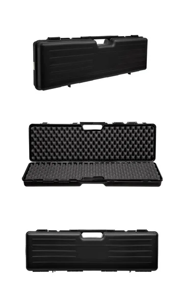 Open black plastic case with foam inside. Weapon case isolate on