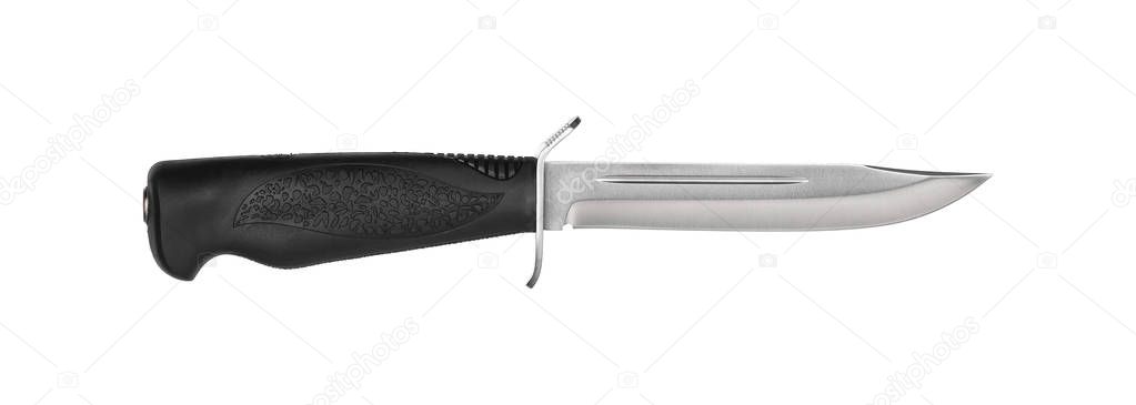 Hunting knife with wooden handle. Isolated on white back.