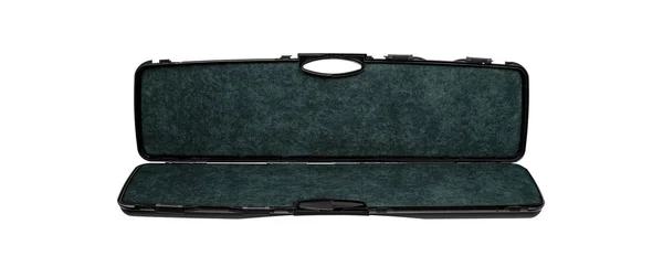 一个打开的黑色塑料外壳，里面有绿色天鹅绒。武器箱 — 图库照片