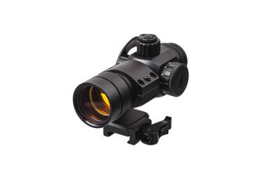 beyaza bürünen silah için modern siyah optik kapsam. Görüş 