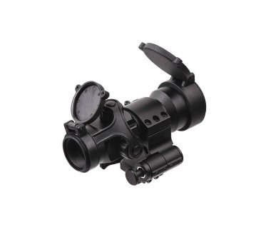 beyaza bürünen silah için modern siyah optik kapsam. Görüş 