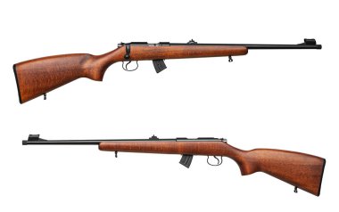 Klasik cıvata Carbine. 22LR ile bir ahşap popo izole beyaz