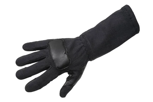 Guante de cuero negro con inserciones textiles aisladas en una espalda blanca — Foto de Stock