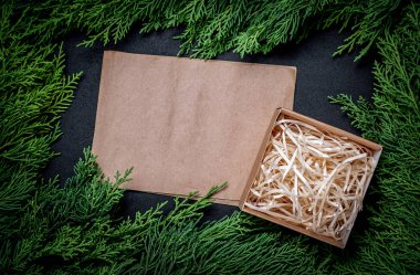 Köknar dalları ve hediye kağıt kutusu ip ile bağlı bir çerçeve. Chr