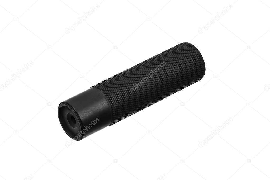 Black silencer for weapons. Suppressor that is at the end of an 