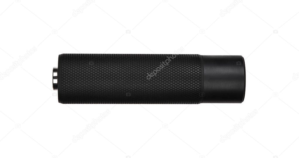 Black silencer for weapons. Suppressor that is at the end of an 