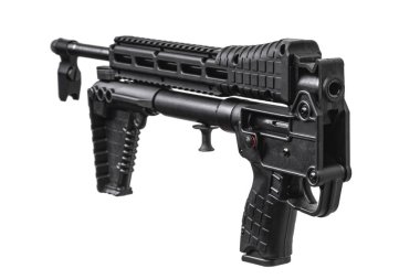 Küçük modern yarı otomatik katlanan karabina beyaz bir karabina üzerinde izole edilir.