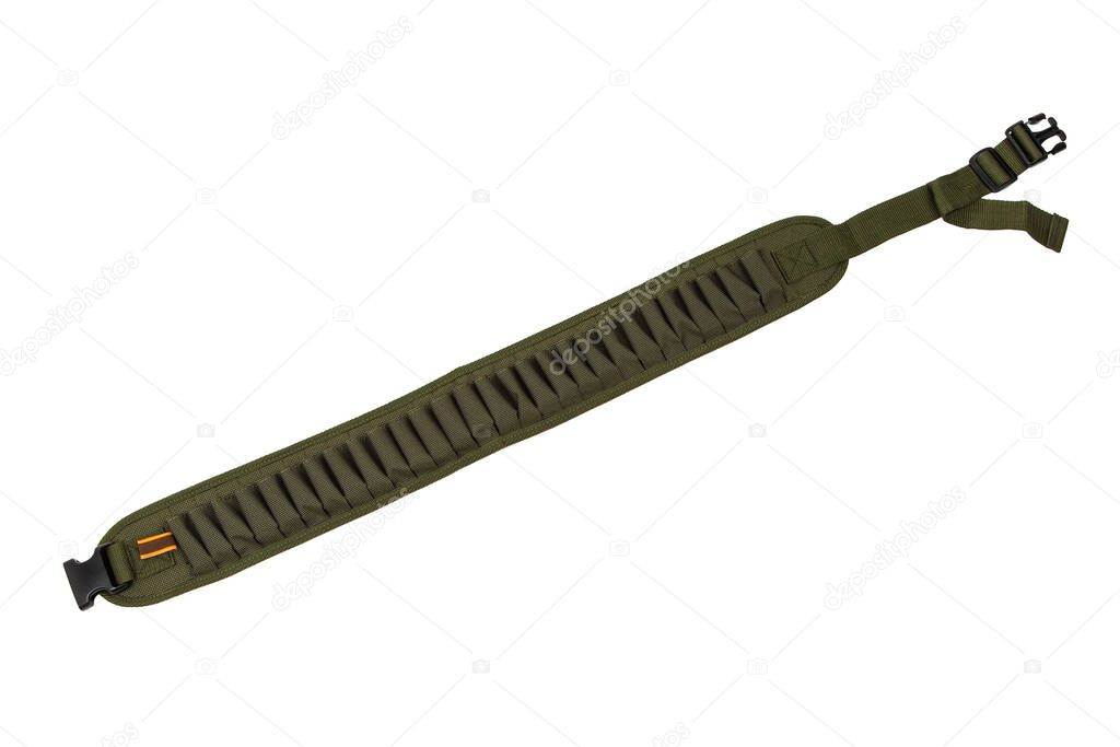Modern bandolier for cartridges of 12 calibers isolate on a white background. Cartridge belt olive green. Accessory for hunters and shooters.