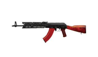 Beyaz arka planda klasik Sovyet AK makineli tüfeği. Rusya ve Sovyetler Birliği 'nin silahları beyazların sırtında izole edildi..