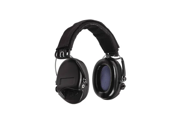 現代のアクティブ保護イヤフォンは白い背景に隔離されています 大きな音から耳や聴覚を守るための装置 生産と建設での撮影と作業のためのヘッドフォン — ストック写真