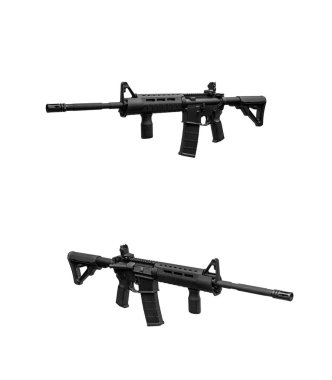 Beyaz sırtlı saldırı tüfeği. Modern otomatik tüfek beyaz arka planda izole edilmiş. Polis, özel kuvvetler ve ordu için silahlar. Mekanik görüşlü otomatik karabina. 