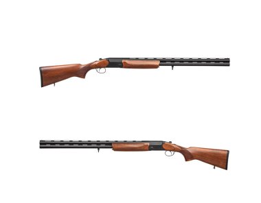 Classic vertical double-barreled hunting rifle isolate on a white background. Smoothbore weapon with a wooden butt for hunting, sports and self-defense.