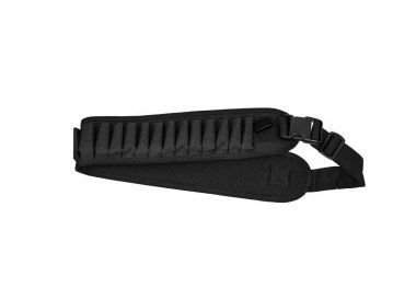 12 kalibrelik fişekler için modern bandocular beyaz arka planda izole edilir. Siyah kartuş kemeri. Avcılar ve katiller için suç ortağı.