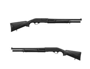Modern pump-action shotgun with a plastic butt and fore-end isolate on a white background. Weapons for sports and self-defense. Armament of police, army and special units.