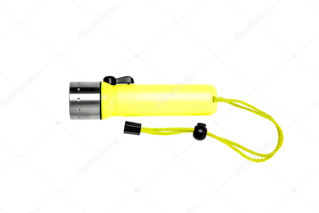Flashlight for diving isolate on a white background. Waterproof bright colored flashlight.