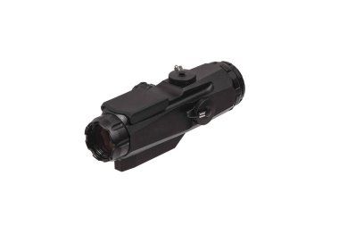 Modern siyah optik dürbün beyazda izole edilmiş bir silah için. Beyaz arkaplanda görüş alanı izole edildi