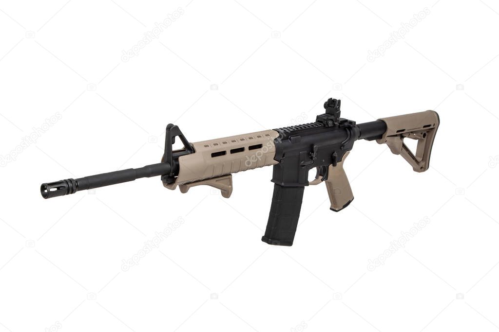 Modern automatic rifle isolated on white background. Weapons for police, special forces and the army. Automatic carbine with mechanical sights. Assault rifle on white back.