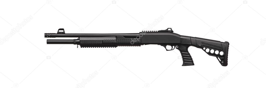 Modern pump action tactical shotgun isolate on a white background. Armament of the police, army and special units. Weapons for sports and self-defense.