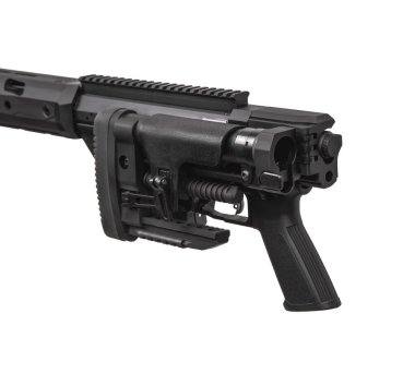 Teleskopik görüşü olmayan modern keskin nişancı tüfeği beyaz arka planda izole edilir. Ordu, polis ve özel kuvvetler için silahlar. Uzun menzilli atış.