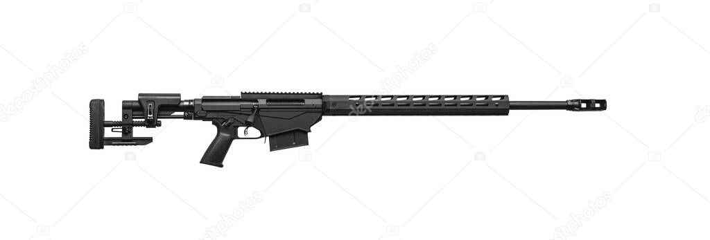 Modern sniper rifle without telescopic sight isolate on white background. Weapons for the army, police and special forces. Long range shooting.