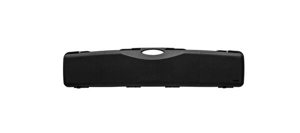 Black plastic hard case for transporting and storing weapons. Gun container isolate on a white background.