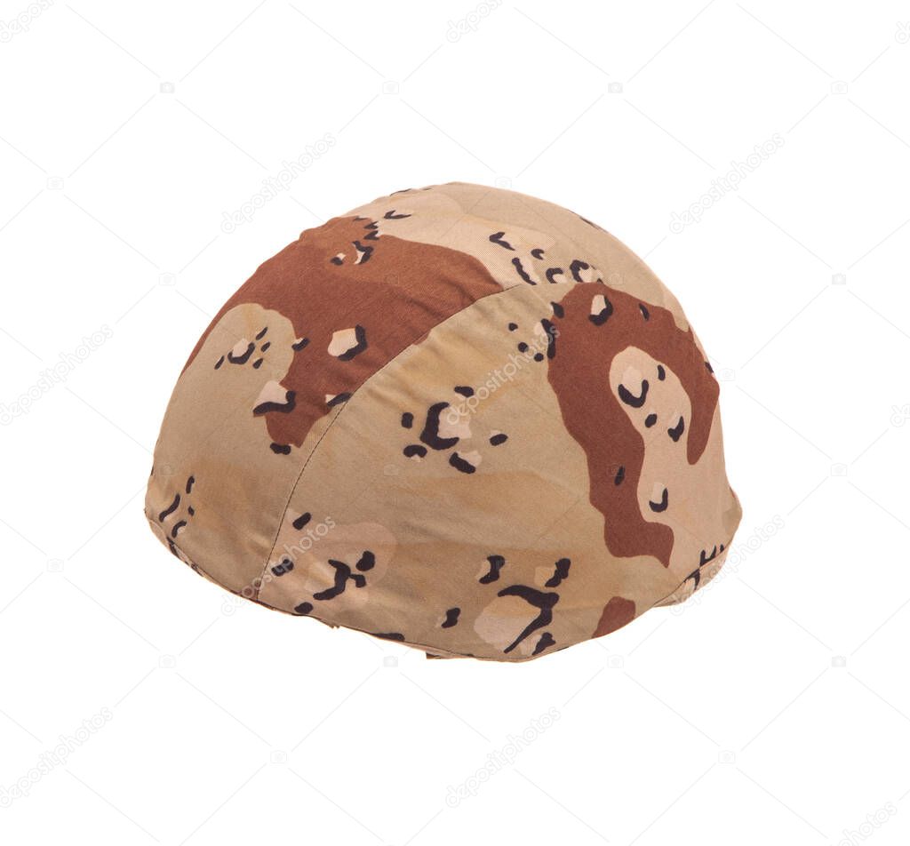 Modern safety helmet in a camouflage case isolate on a white background. British Armed Forces helmet.
