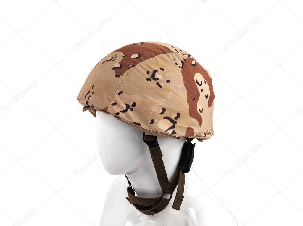 Modern safety helmet in a camouflage case isolate on a white background. British Armed Forces helmet.