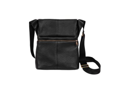 Küçük deri erkek omuz çantası beyaz arka planda izole edilir. Fermuarlı çanta..