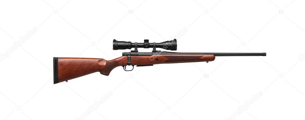 A sniper rifle with a telescopic sight. A carbine with a wooden stock. Weapons for hunting and sports isolate on a white background.