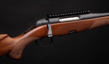 Koyu arkaplanlı tahta bir tüfekle. Spor, av ve nefsi müdafaa için silahlar..