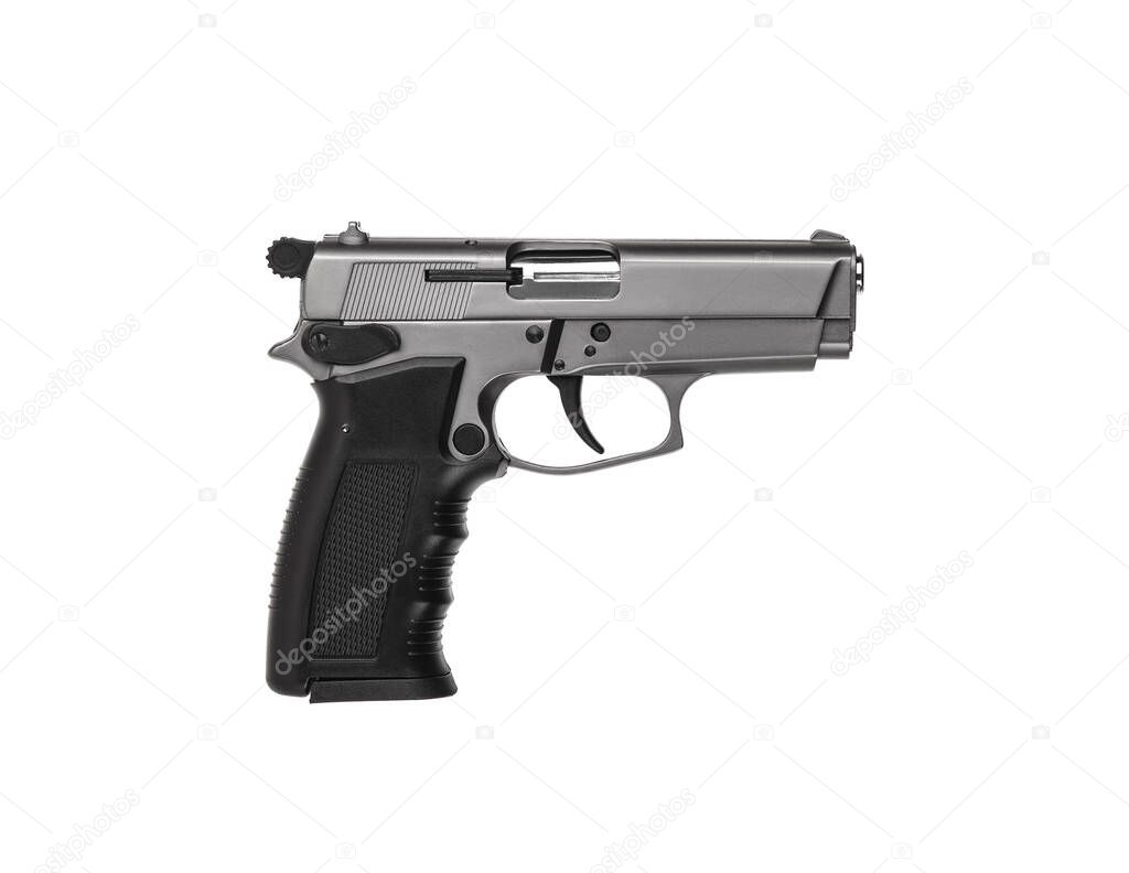 Modern silver semi-automatic pistol isolate on a white background. Concealed short-barreled weapon. Weapons for self-defense and sports. Arming the army and police.