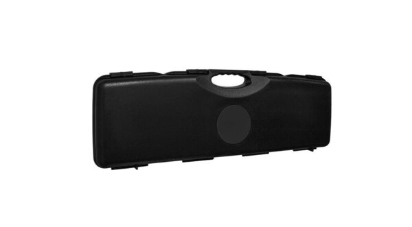 Black plastic hard case for transporting and storing weapons. Gun container isolate on a white background.