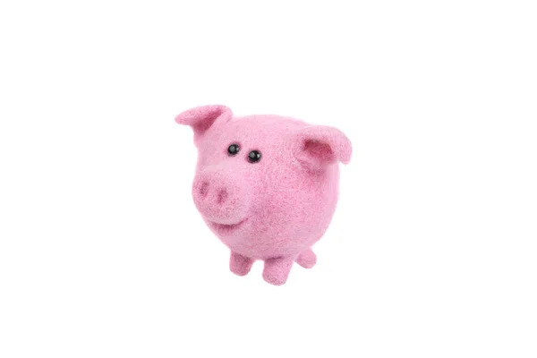 手工制作的毛毡玩具在白色背景上被隔离 用羊毛做成的粉红小猪 软玩具猪 — 图库照片