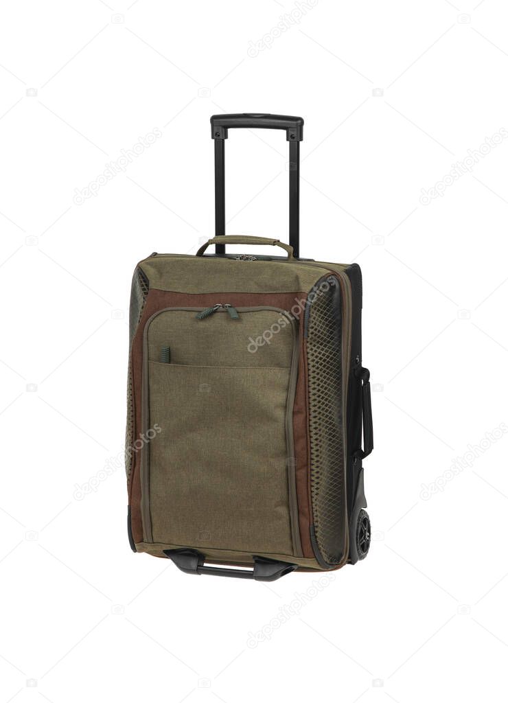 Suitcase with telescopic handle and on wheels isolate on white background. Baggage on a travel or business trip.