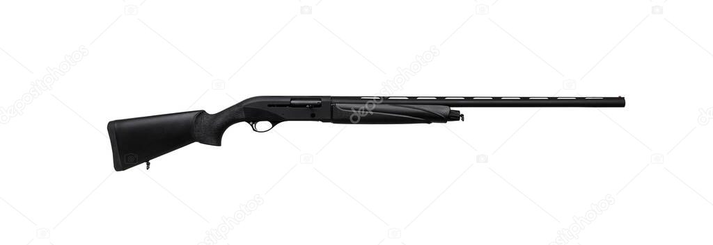 Modern semi-automatic shotgun. Weapons for sports and hunting. Black weapon isolate on white background.