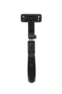 Pürüzsüz, siyah katlanmış, telefon tutacağı olan bir tripod..