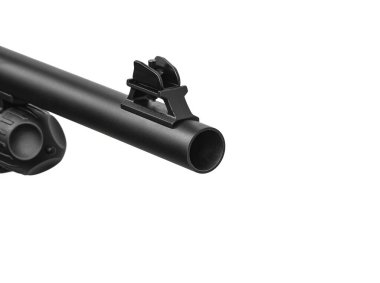 Siyah bir taktik tüfeğin ön görüş ve namlusuna yakın çekim..