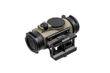 Siyah atlı, beyaz bir arka planda izole edilmiş taktik taba rengi kırmızı bir nokta..