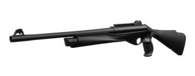 Bir mat siyah taktik av tüfeği ergonomik tabanca kabzası ve beyaz bir arka planda izole edilmiş bir stok..