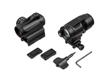 Siyah kırmızı nokta ve büyüteç görüntüler beyaz arkaplanda izole edilir.